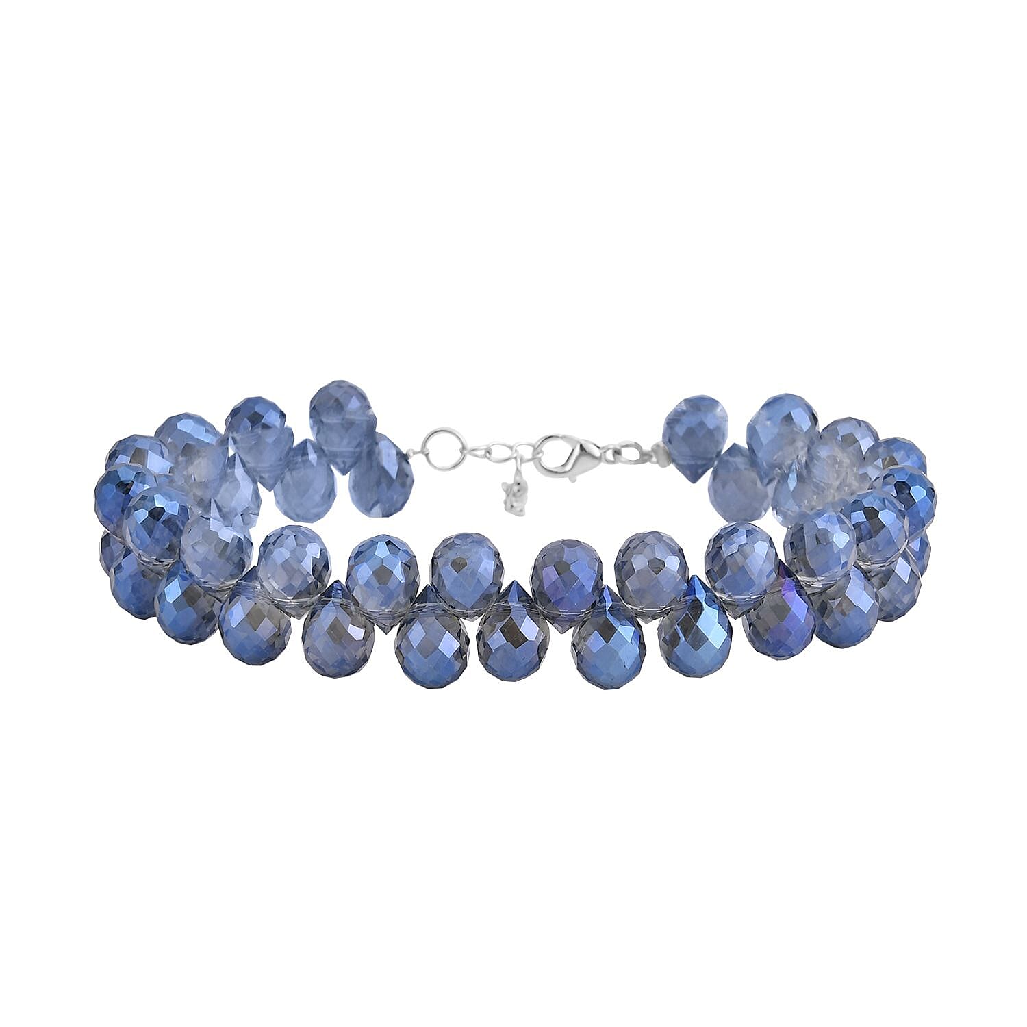 Blue Glass Beaded Bracelet in Rhodium Over Sterling Silver (7.5-8.5In)