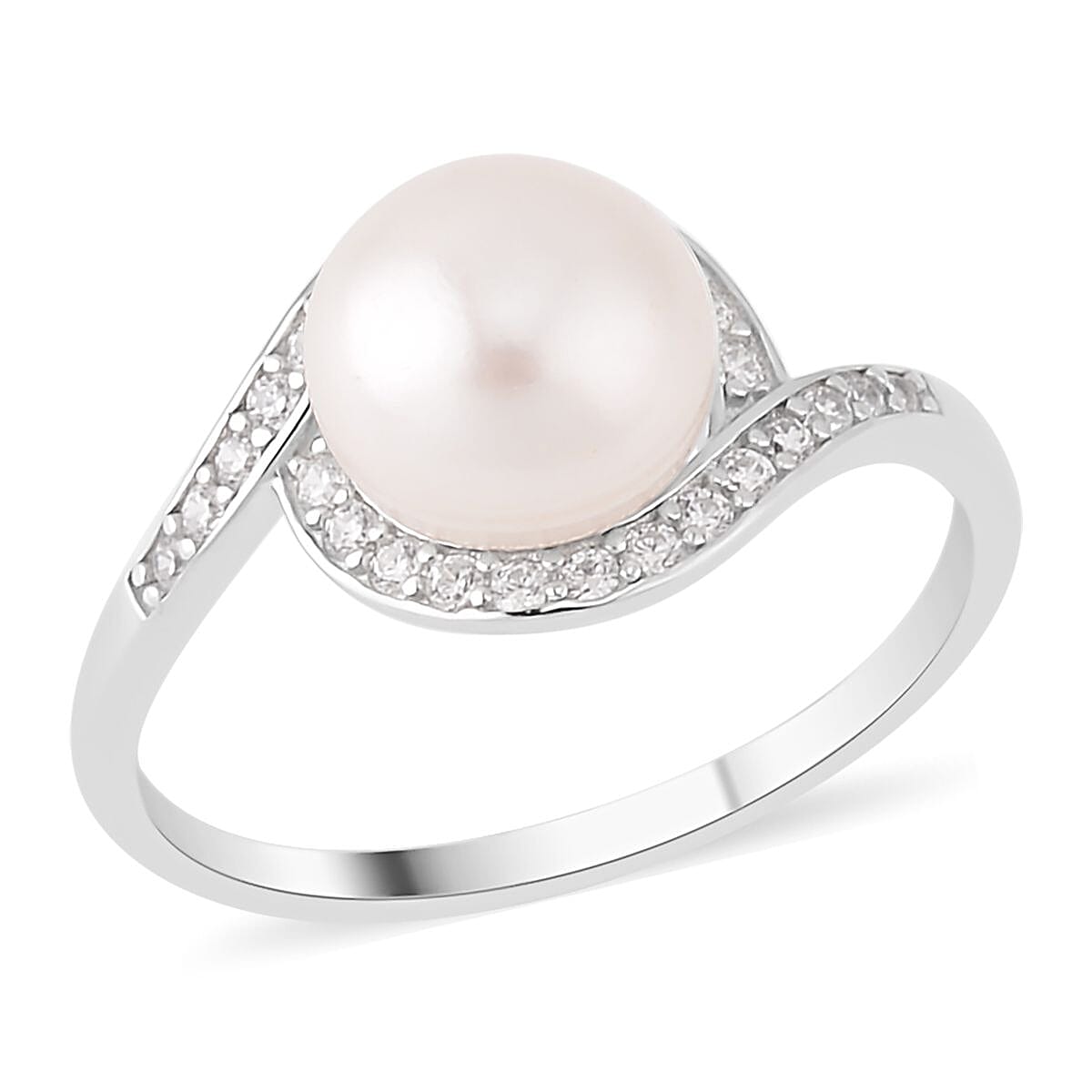 Freshwater Cultured Pearl and Simulated Diamond Bypass Ring in Rhodium Over Sterling Silver 0.40 ctw