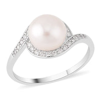 Freshwater Cultured Pearl and Simulated Diamond Bypass Ring in Rhodium Over Sterling Silver 0.40 ctw