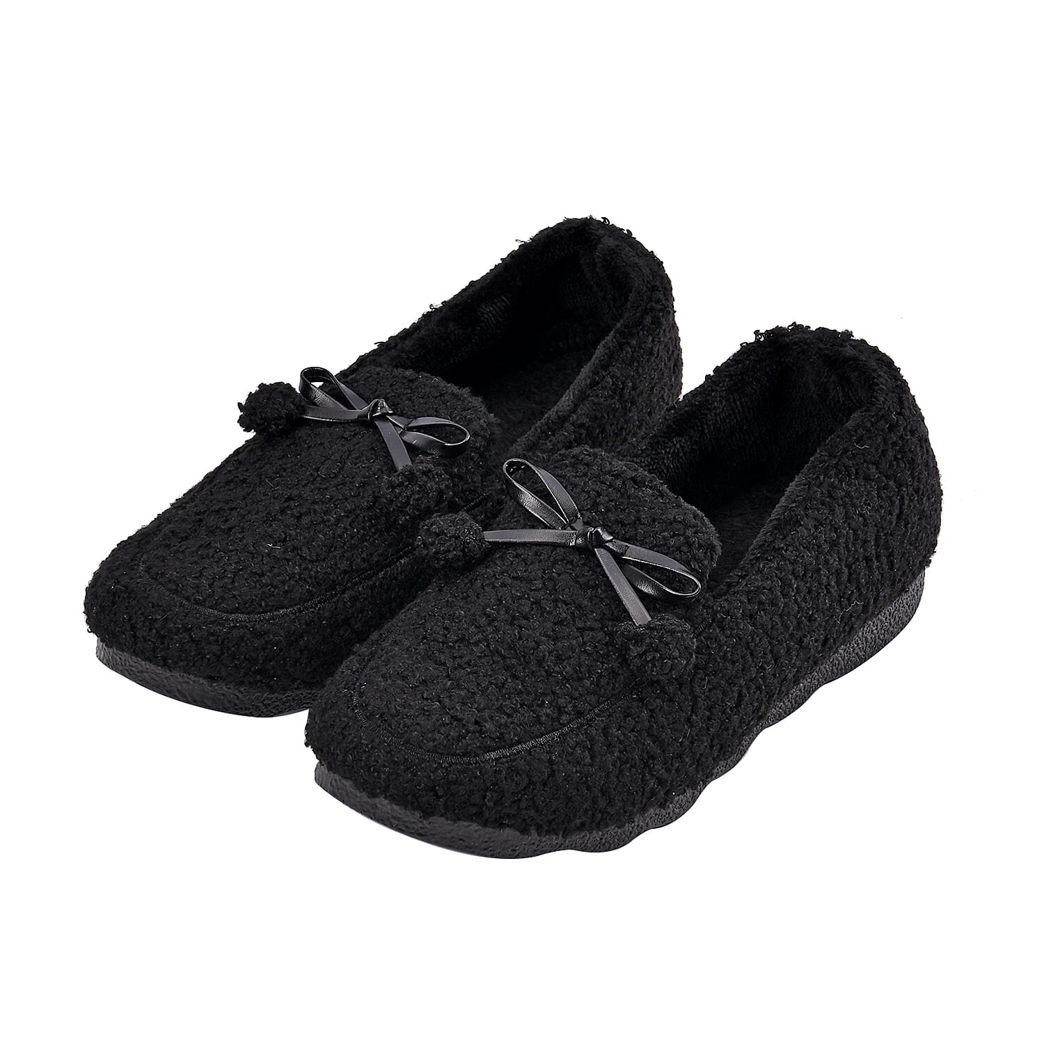 Black Teddy Fleece Shoes with Pompom (Size 7-7.50)