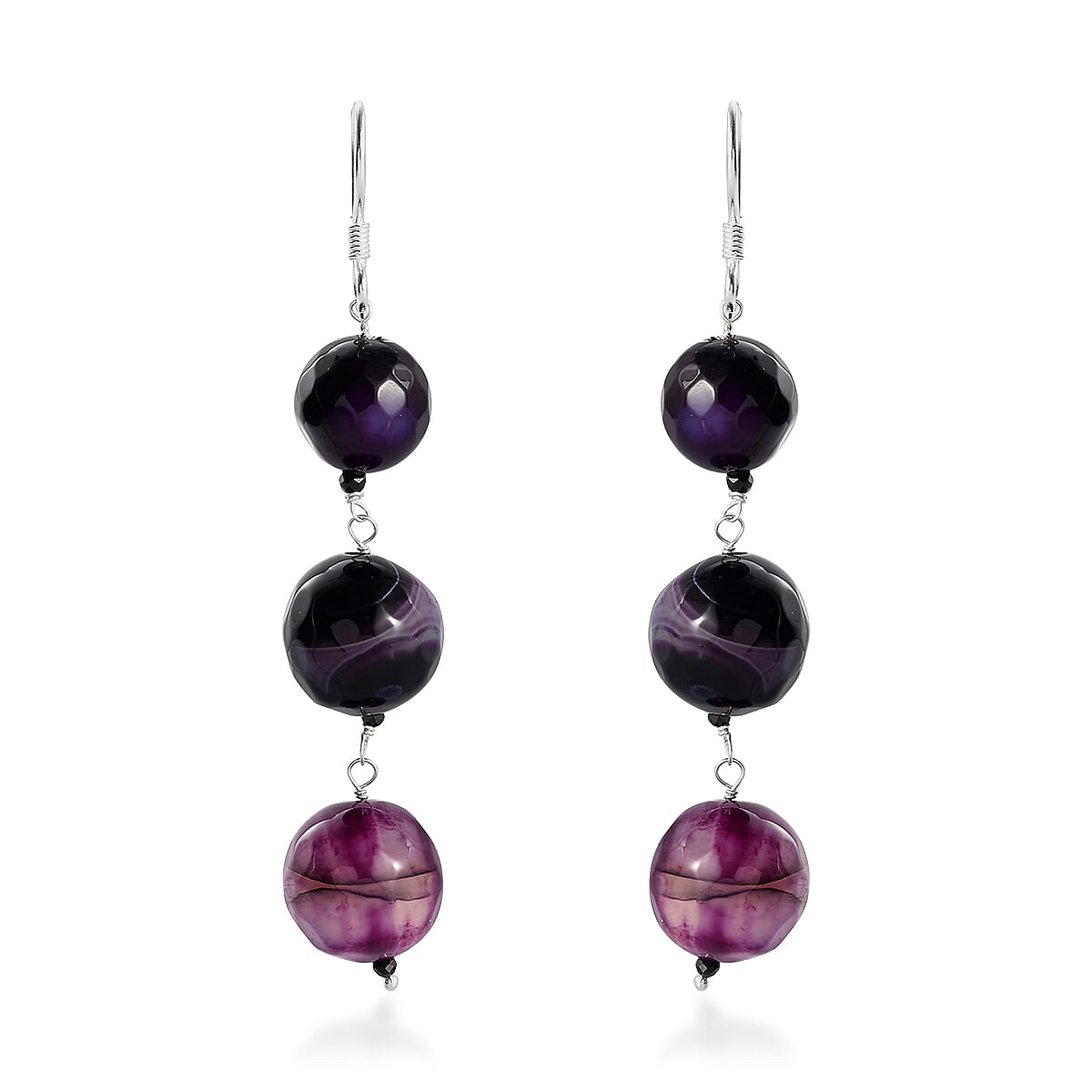 Blue Agate and Thai Black Spinel Dangle Earrings in Sterling Silver 75.85 ctw