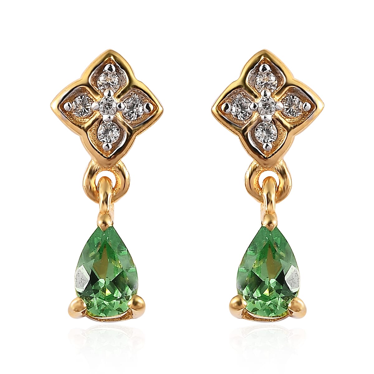 Premium Tsavorite Garnet and White Zircon Drop Earrings in Vermeil Yellow Gold Over Sterling Silver 0.50 ctw
