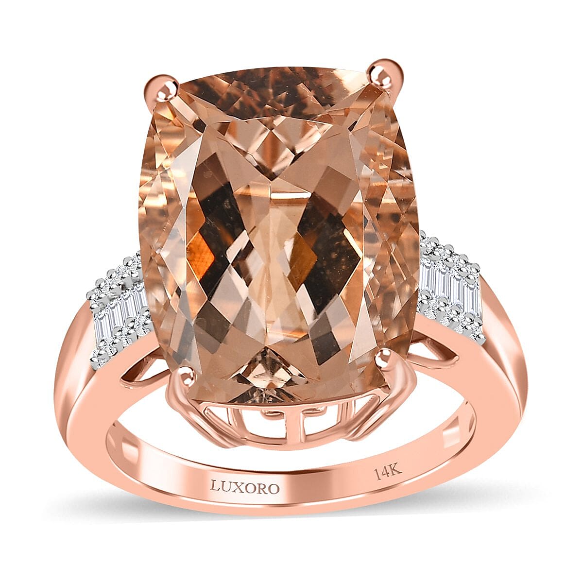 Luxoro 14K Rose Gold AAA Marropino Morganite and G-H I2 Diamond Ring (Size 6.0) 4.60 Grams 10.20 ctw