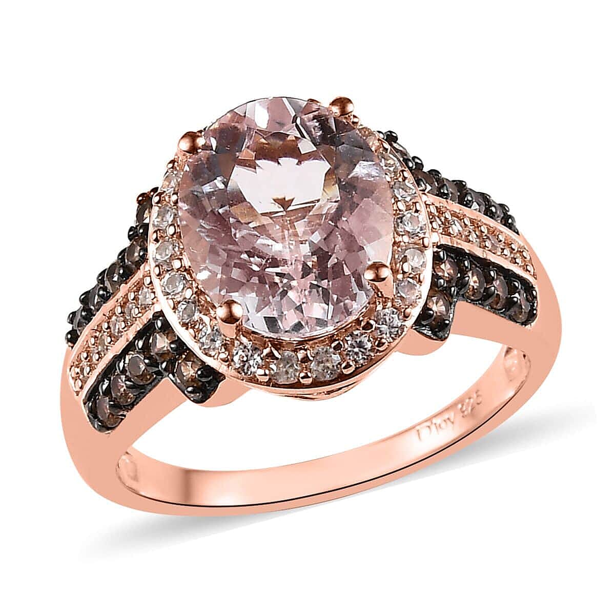 Pink Morganite, Champagne and White Zircon Ring in Vermeil Rose Gold Over Sterling Silver 3.15 ctw (Del. in 5-7 Days)