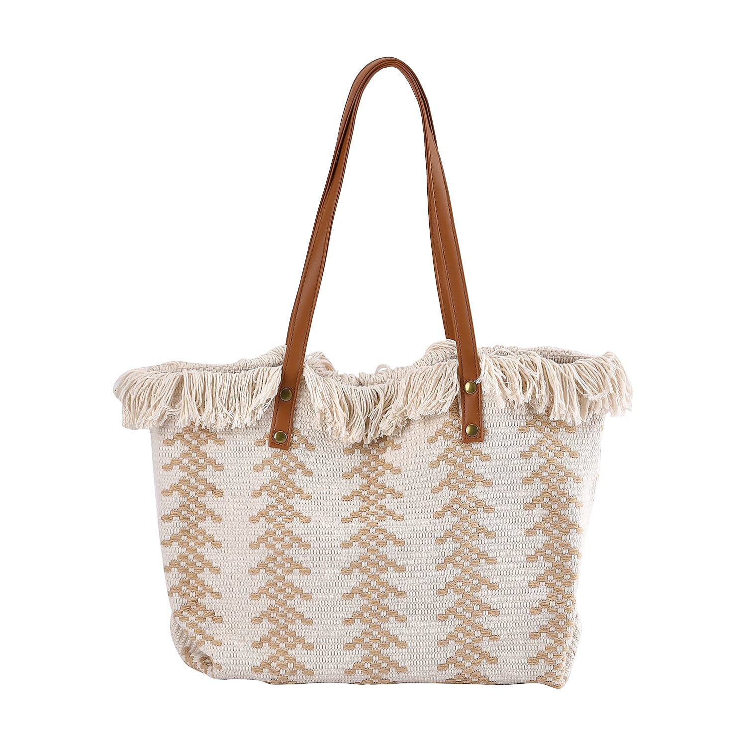 White and Khaki Polyester Tote Bag with Faux Leather Handle (18.11"x4.92"x12.60")