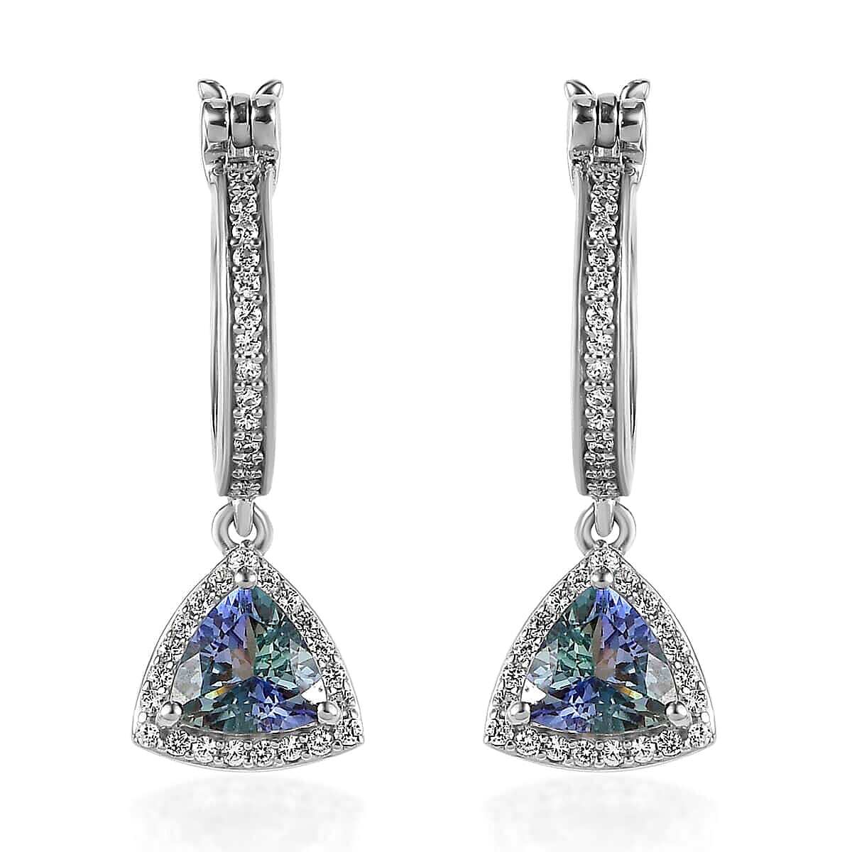 Peacock Tanzanite and White Zircon Earrings in Platinum Over Sterling Silver 2.10 ctw