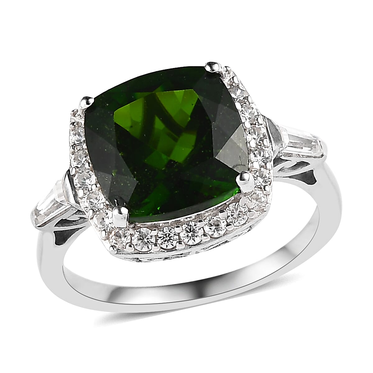 Chrome Diopside and White Zircon Halo Ring in Platinum Over Sterling Silver (Size 10.0) 5.00 ctw