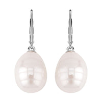 Shell Pearl Lever Back Earrings in Rhodium Over Sterling Silver