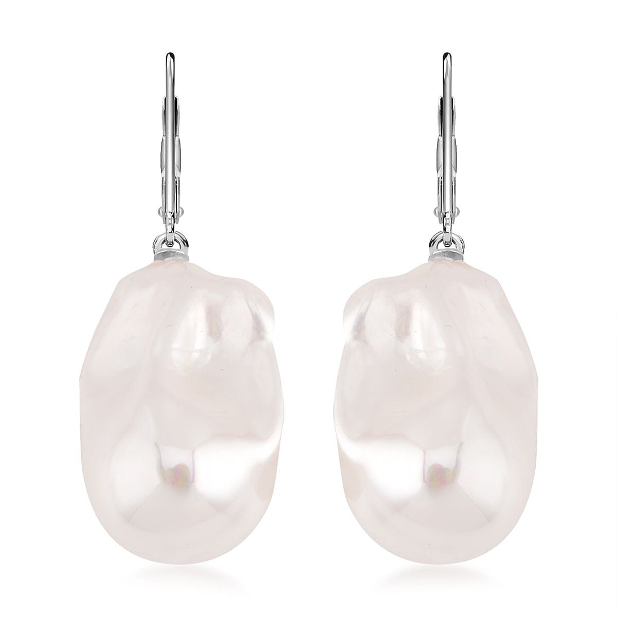 Organic Shape Baroque Pearl Lever Back Earring in Rhodium Over Sterling Silver