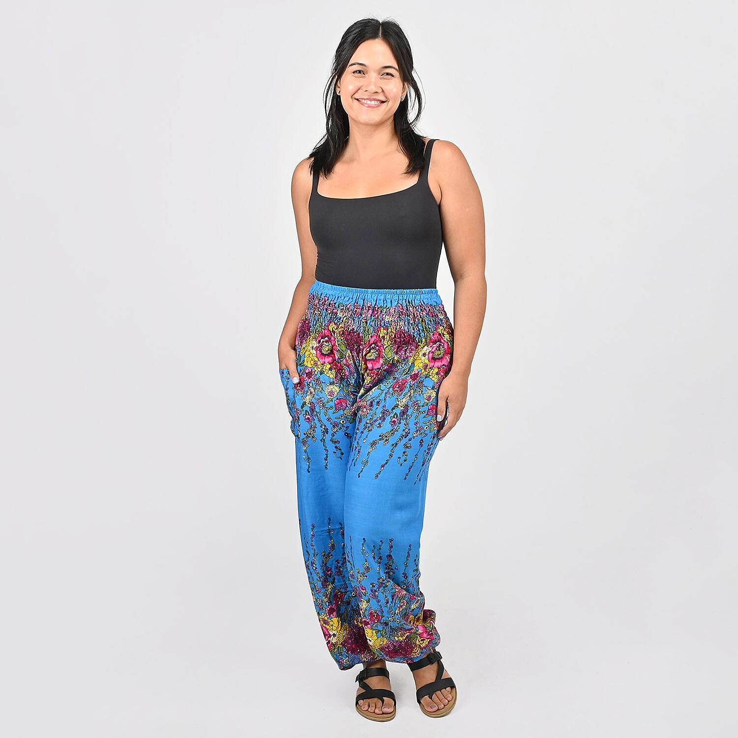 Tamsy Blue Floral Printed Harem Pants - One Size Fits Most