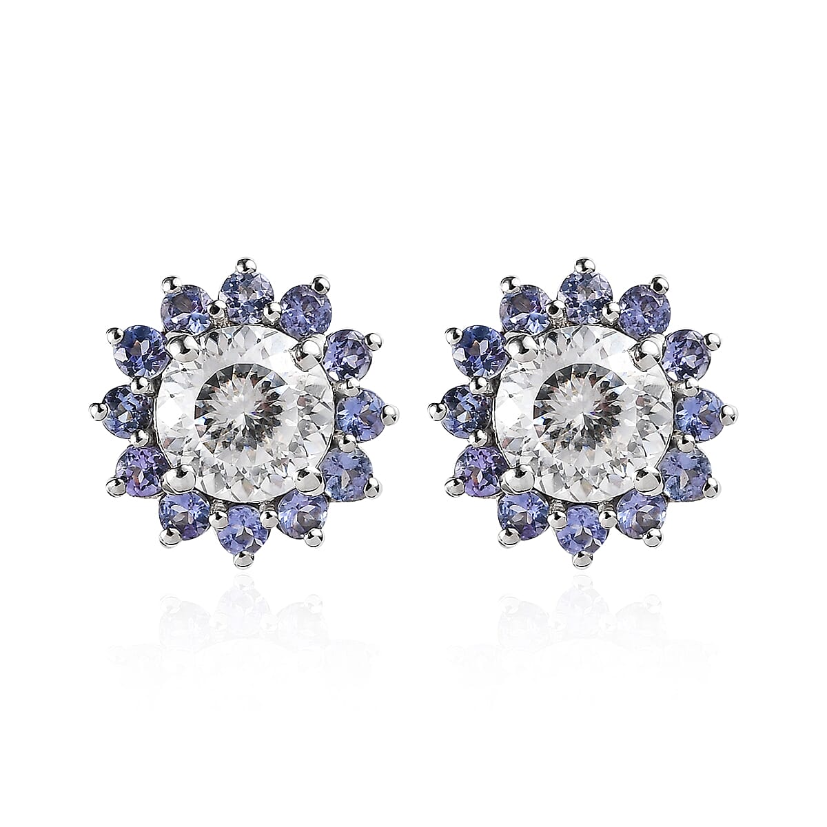 TLV 120 Facets Moissanite (Rnd 6.5mm), Tanzanite Floral Stud Earrings in Platinum Over Sterling Silver 2.90 ctw