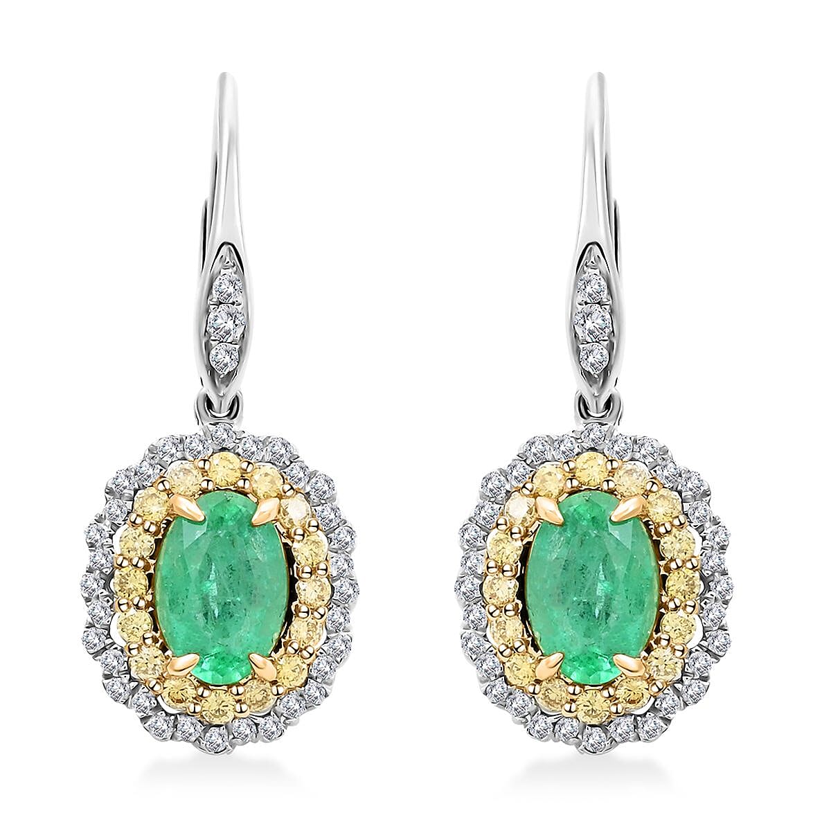 Modani 14K White Gold Emerald, Natural Yellow and White Diamond Earrings 1.90 ctw