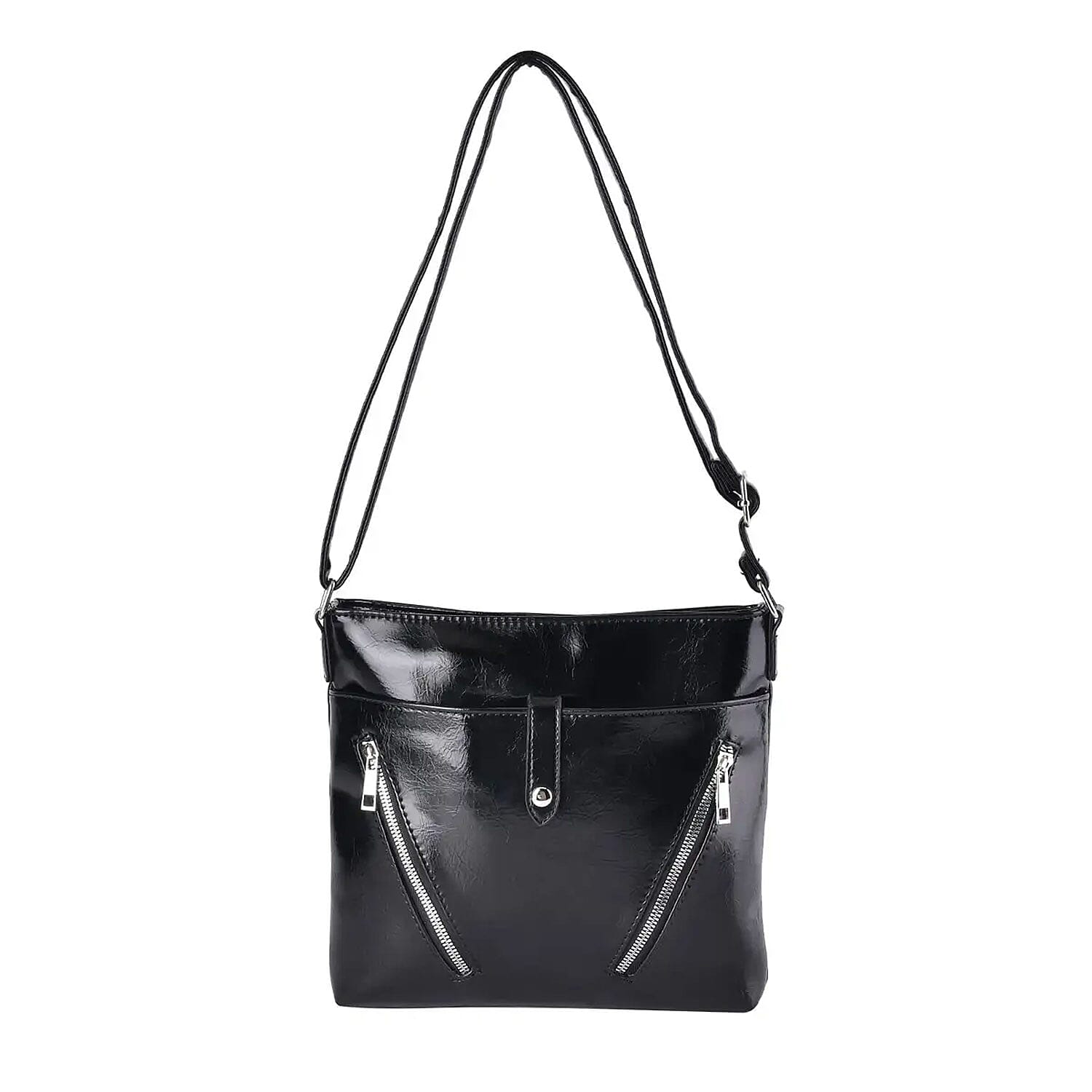 Black Faux Leather Crossbody Bag (9.45"x1.97"x9.45") with Shoulder Strap 47"