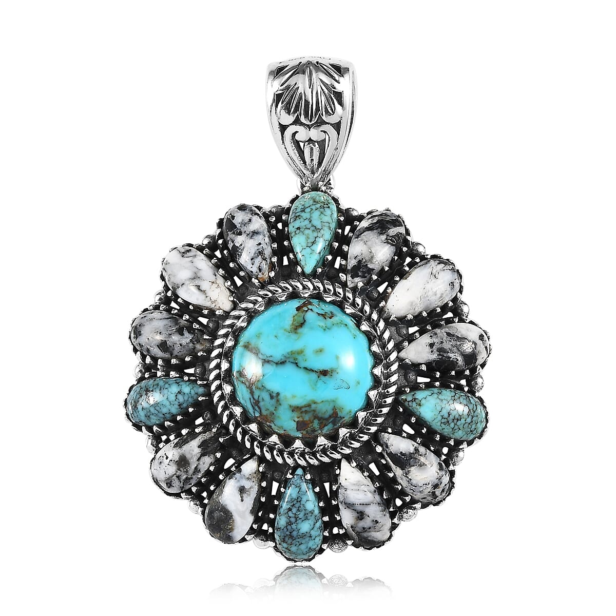 Artisan Crafted Blue Moon Turquoise and White Buffalo Floral Pendant in Sterling Silver 15.50 ctw