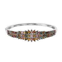 Multi-Tourmaline Floral Spray Bangle Bracelet in Platinum Over Sterling Silver (7.25 In) 8.80 ctw