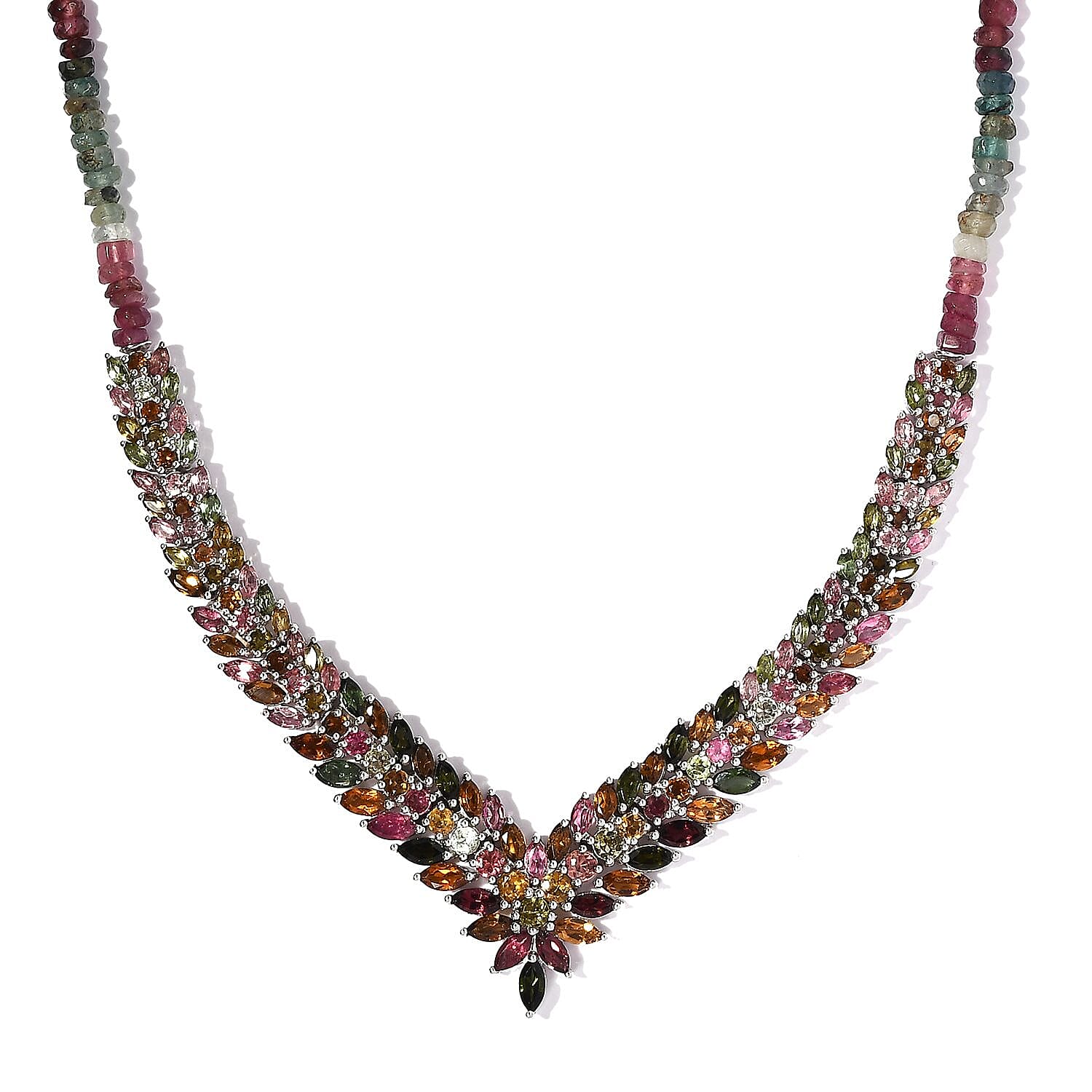 Multi-Tourmaline V-Shape Necklace 20 Inches in Platinum Over Sterling Silver 76.10 ctw