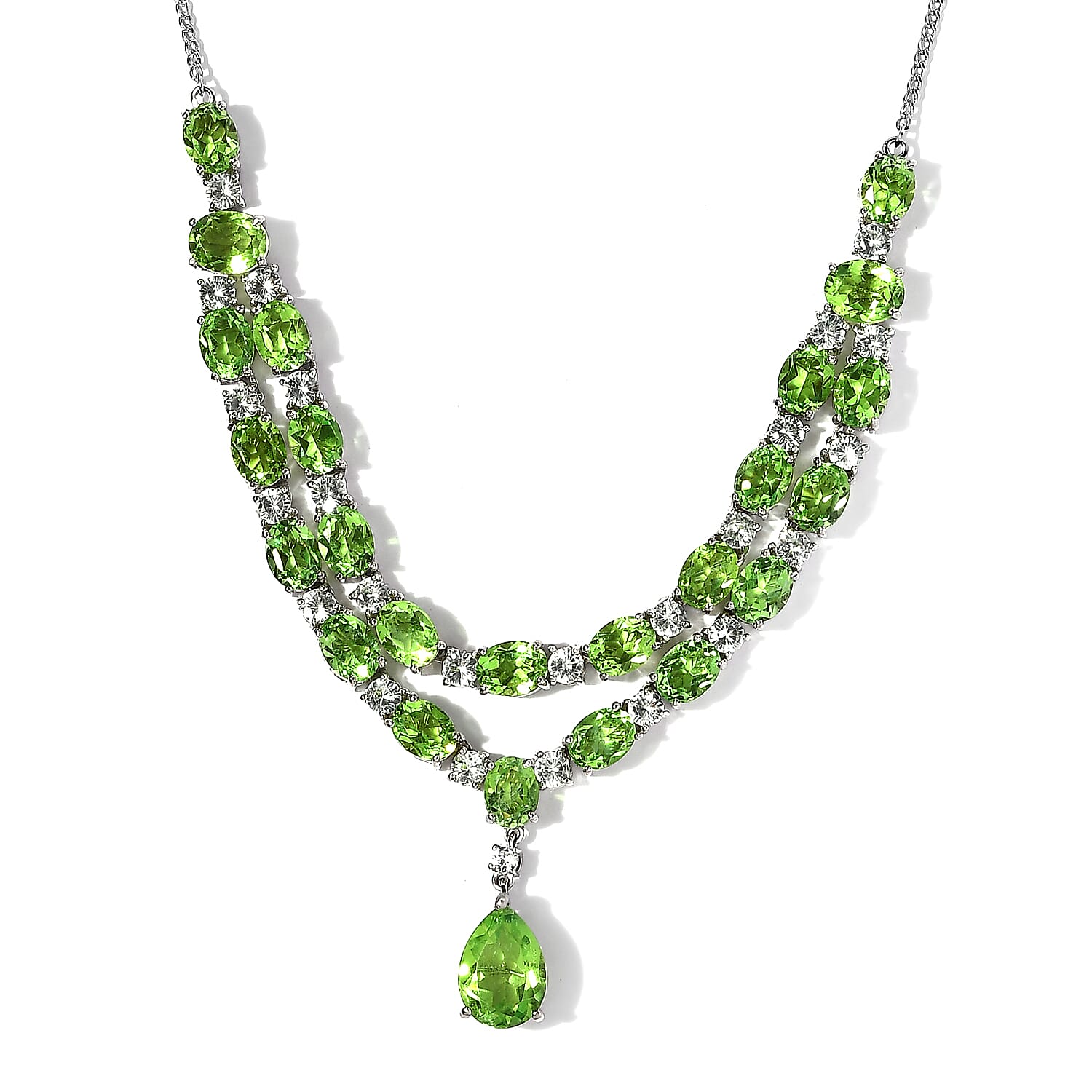 Chartreuse Quartz (Triplet) and White Zircon Necklace 18-20 Inches in Platinum Over Sterling Silver 53.00 ctw