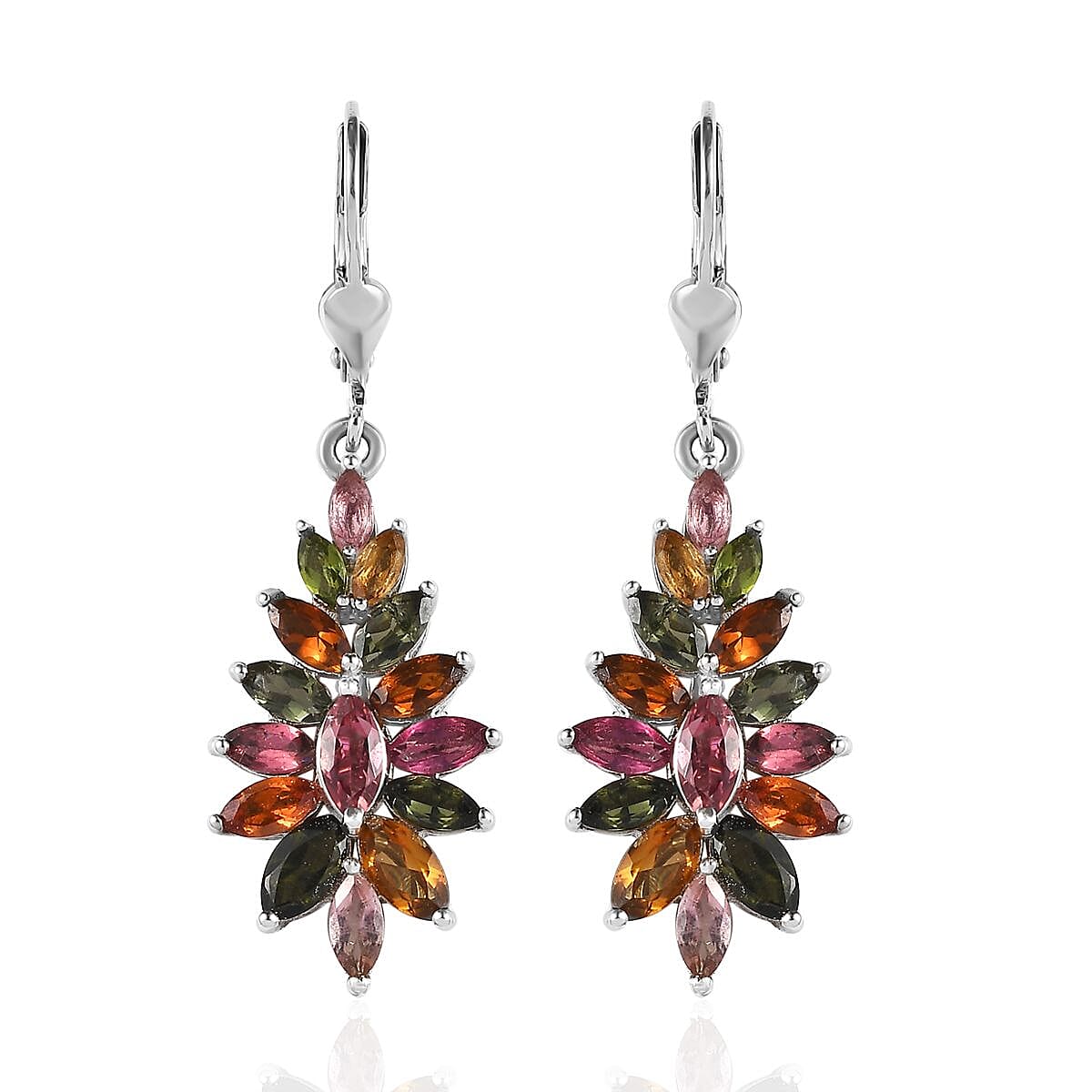 Multi-Tourmaline Floral Lever Back Earrings in Platinum Over Sterling Silver 4.25 ctw