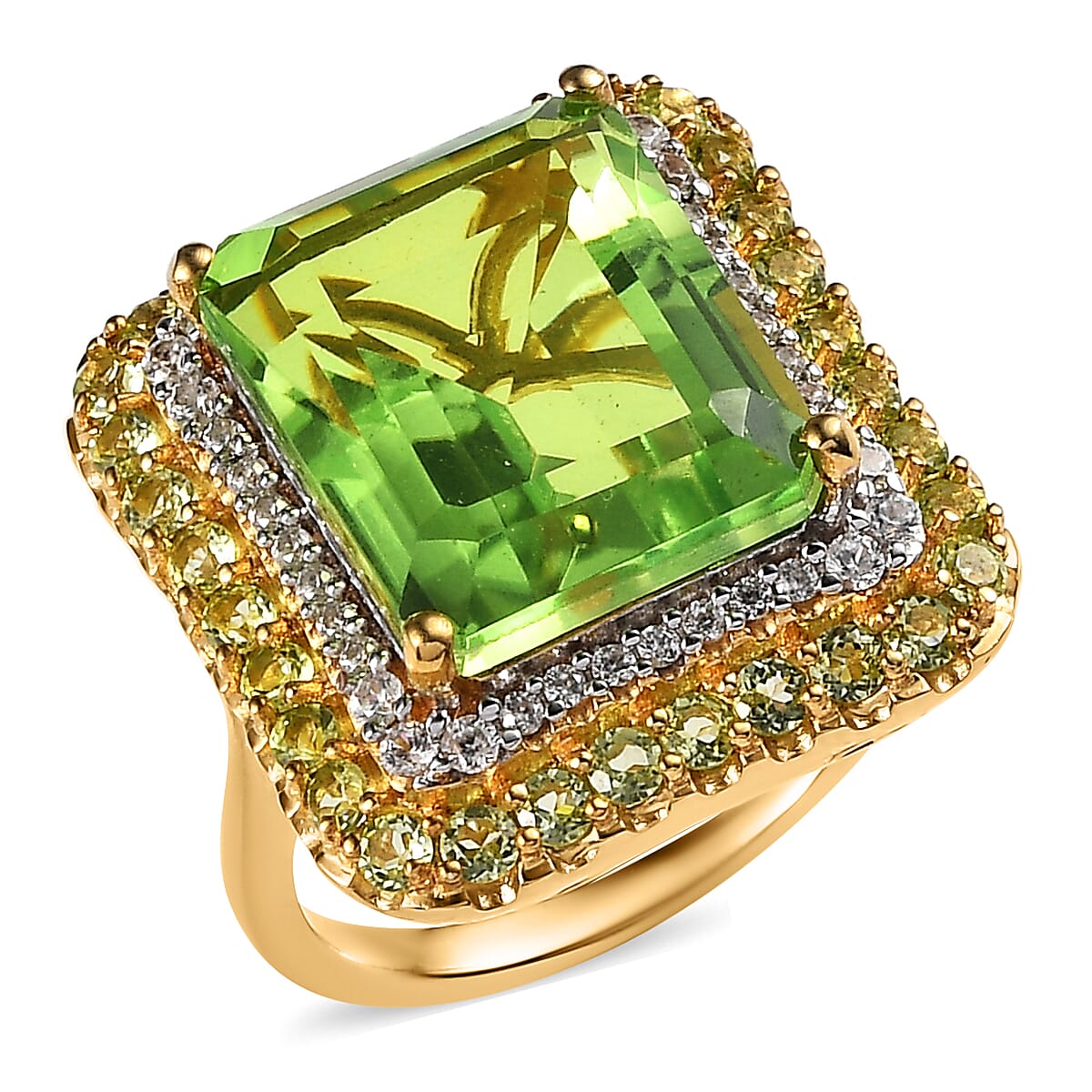 Chartreuse Quartz (Triplet) and Multi Gemstone Double Halo Ring in Vermeil Yellow Gold Over Sterling Silver (Size 6.0) 12.40 ctw
