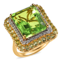 Chartreuse Quartz (Triplet) and Multi Gemstone Double Halo Ring in Vermeil Yellow Gold Over Sterling Silver (Size 6.0) 12.40 ctw