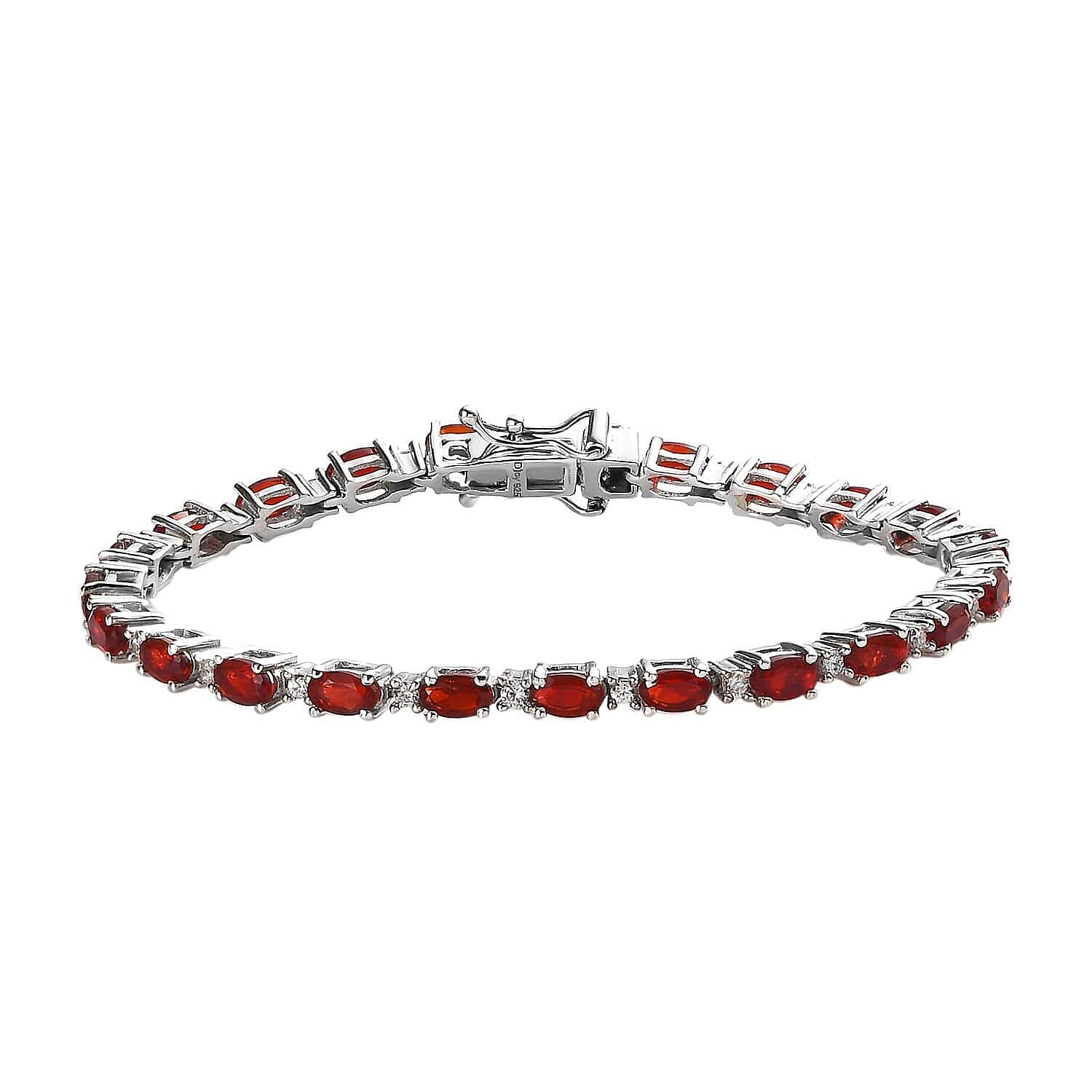Mexican Cherry Fire Opal and White Zircon Tennis Bracelet in Platinum Over Sterling Silver (6.50 In) 3.90 ctw