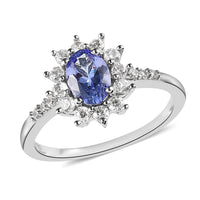 Tanzanite and White Zircon Sunburst Ring in Platinum Over Sterling Silver 1.00 ctw