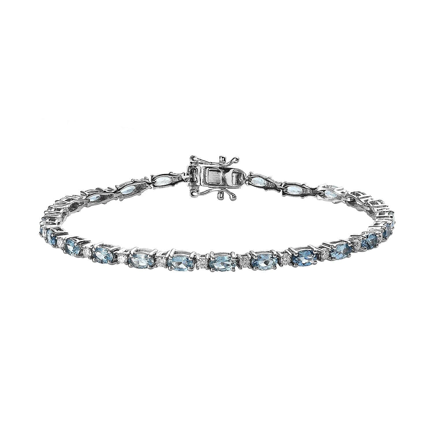 Premium Santa Maria Aquamarine and Moissanite Tennis Bracelet in Platinum Over Sterling Silver (7.25 In) 6.15 ctw