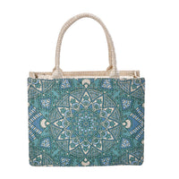 Beige and Turquoise Color Tote Bag with Handle Drop