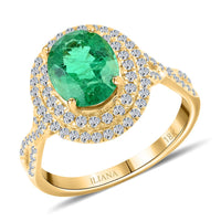 Certified & Appraised Iliana 18K Yellow Gold AAA Kagem Zambian Emerald and G-H SI Diamond Double Halo Ring 2.30 ctw