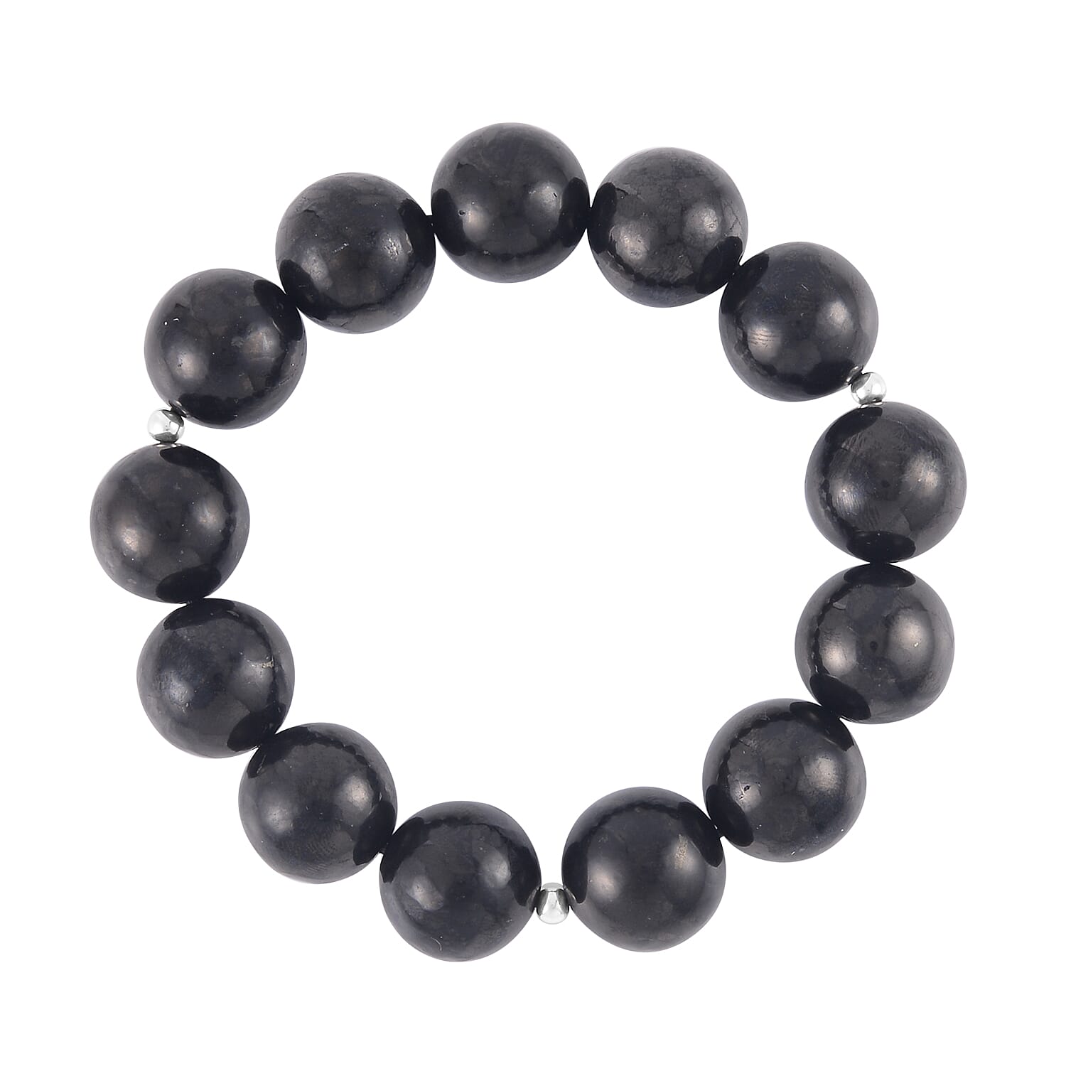Shungite 15-17mm Beaded Stretch Bracelet n Rhodium Over Sterling Silver 367.00 ctw