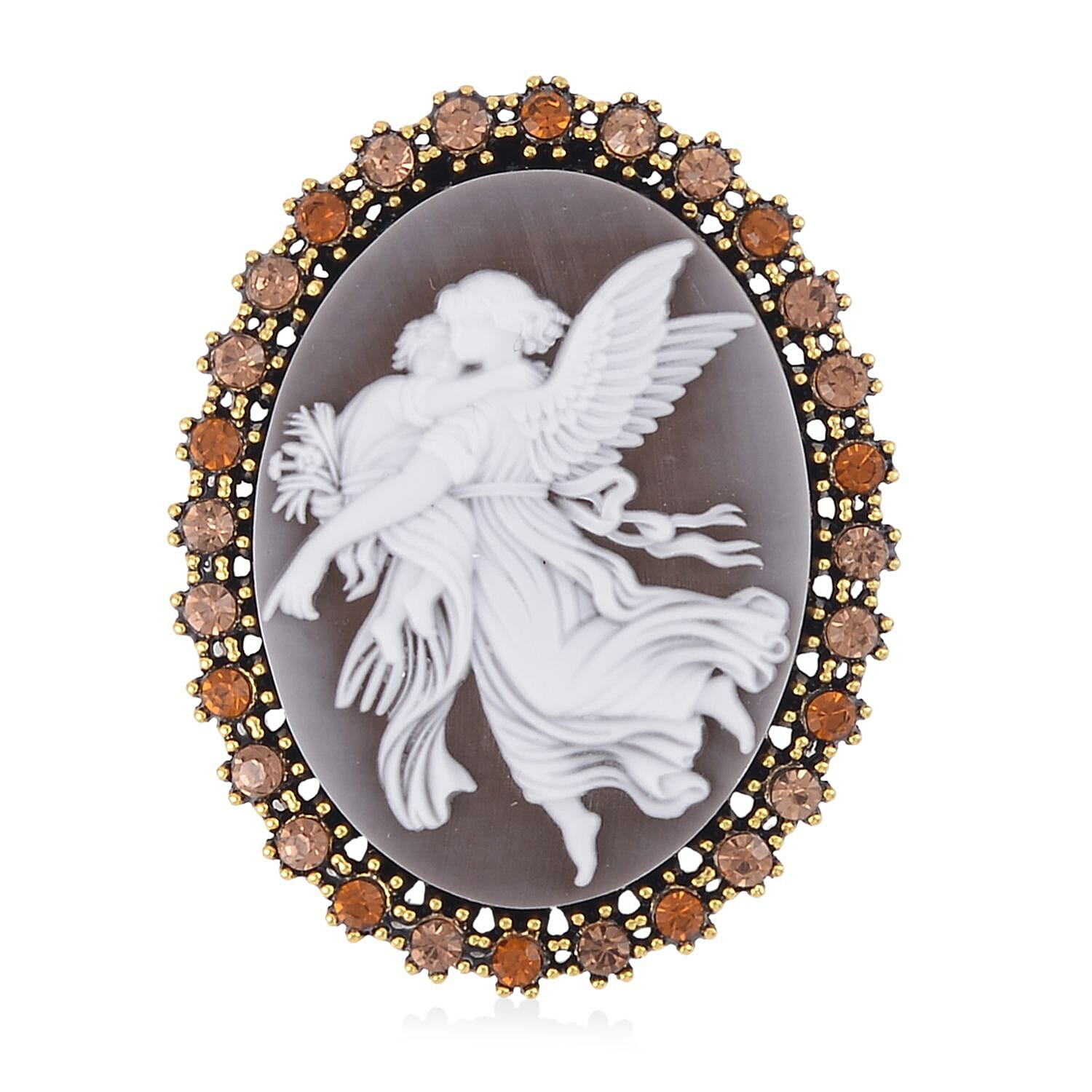 Brown Cameo, Champagne and Brown Austrian Crystal Brooch in Goldtone 8.00 ctw