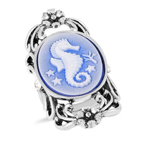 Blue Color Cameo and Austrian Crystal Seahorse Ring in Silvertone 4.00 ctw