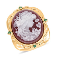 Red Color Cameo and Simulated Diamond Ring in Goldtone 3.20 ctw