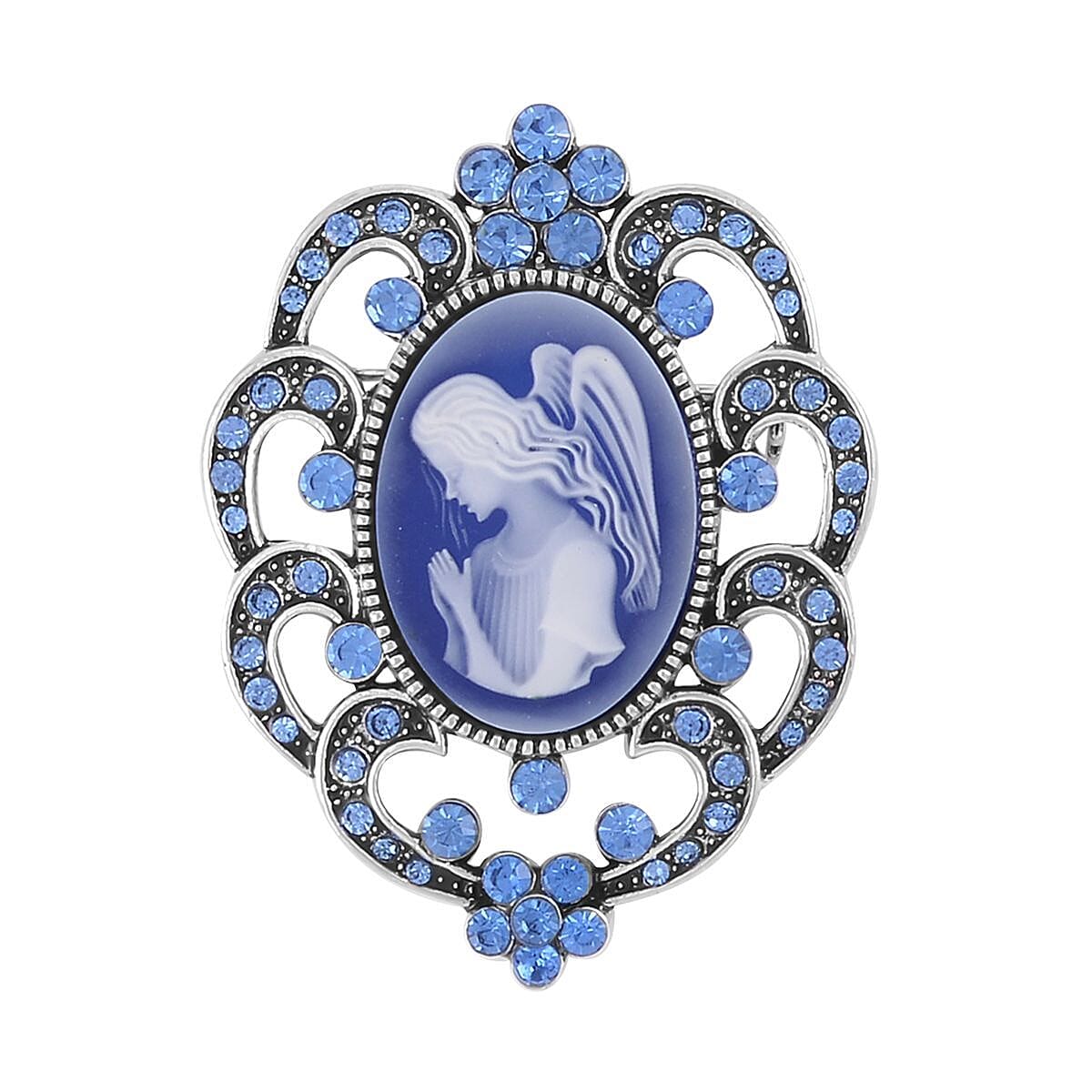 Cameo and Blue Austrian Crystal Brooch in Silvertone 6.00 ctw