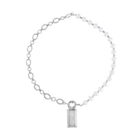 Simulated Pearl, Austrian Crystal Moon Star Pendant Necklace 20-22 Inches in Silvertone