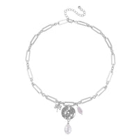 Simulated Pearl Paper Clip Chain Dragonfly Necklace 20-22 Inches in Silvertone