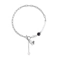 Simulated Pearl, Black Glass, Austrian Crystal Pendant with Link Chain Necklace 20-22 Inches in Silvertone - Sticky add to cart bar