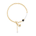 Simulated Pearl, Black Glass, Austrian Crystal Pendant with Link Chain Necklace 20-22 Inches in Silvertone - Sticky add to cart bar