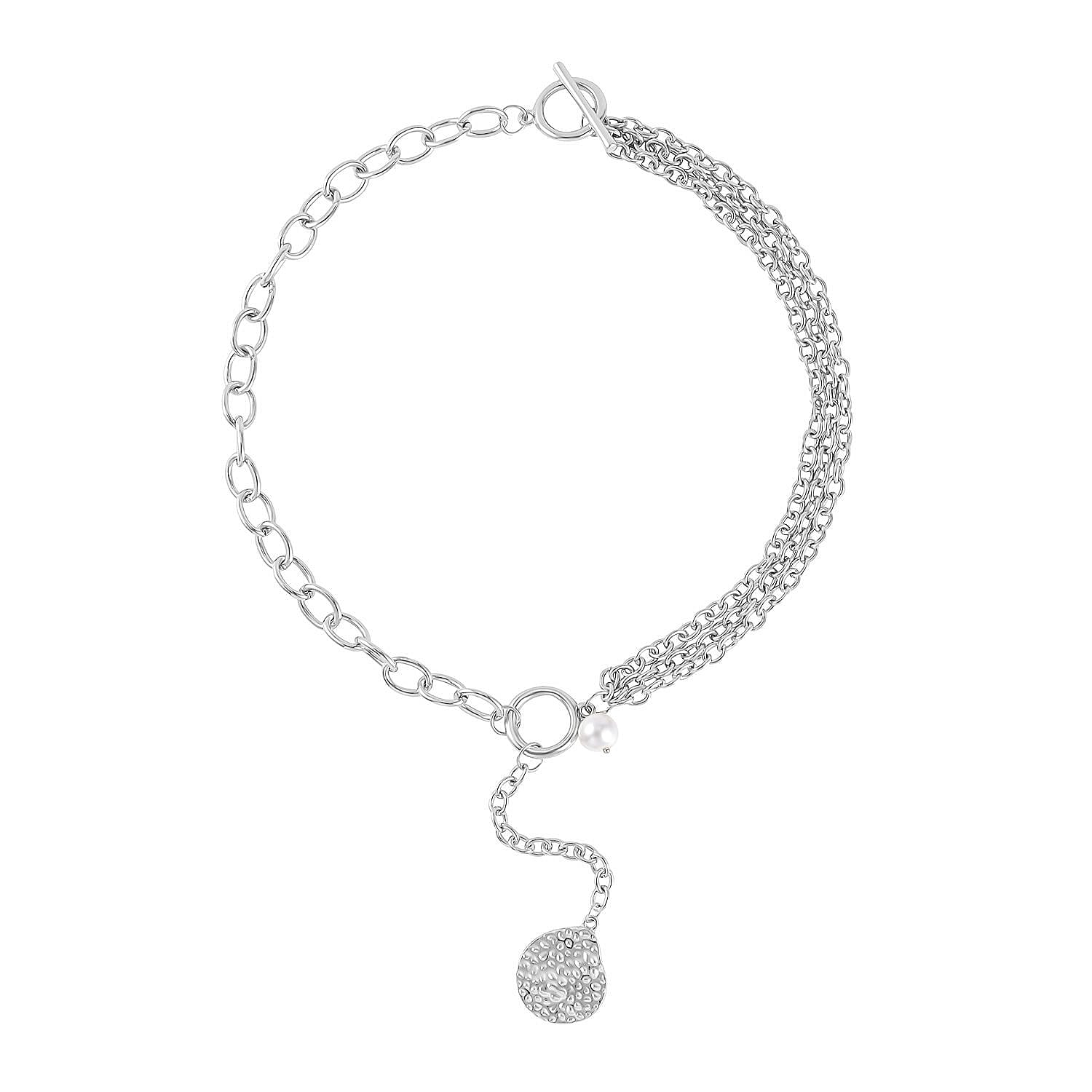 Simulated Pearl and Link Chain Necklace 20-22 Inches in Silvertone