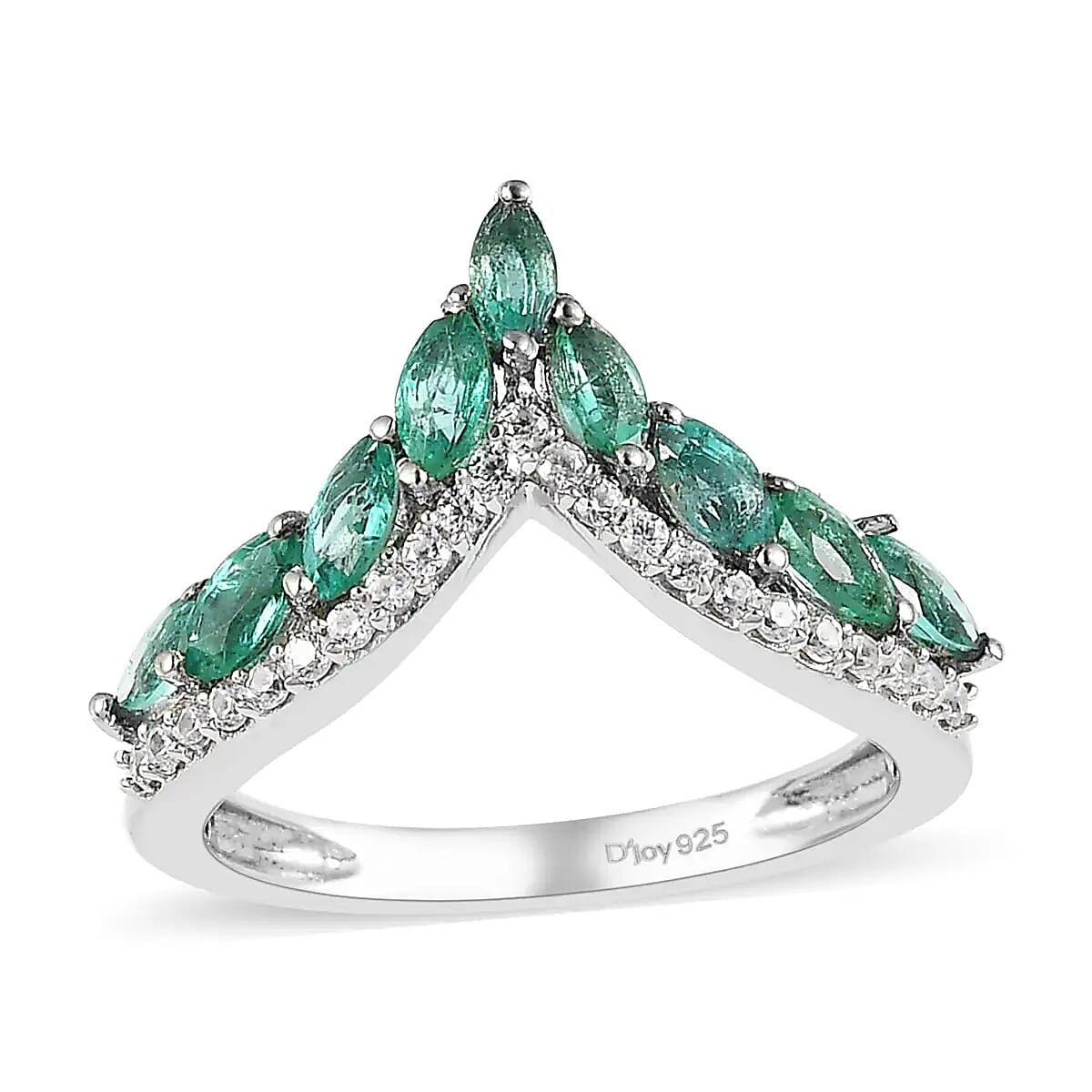 AAA Kagem Zambian Emerald and White Zircon Wishbone Ring in Platinum Over Sterling Silver 1.00 ctw