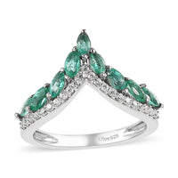 AAA Kagem Zambian Emerald and White Zircon Wishbone Ring in Platinum Over Sterling Silver 1.00 ctw