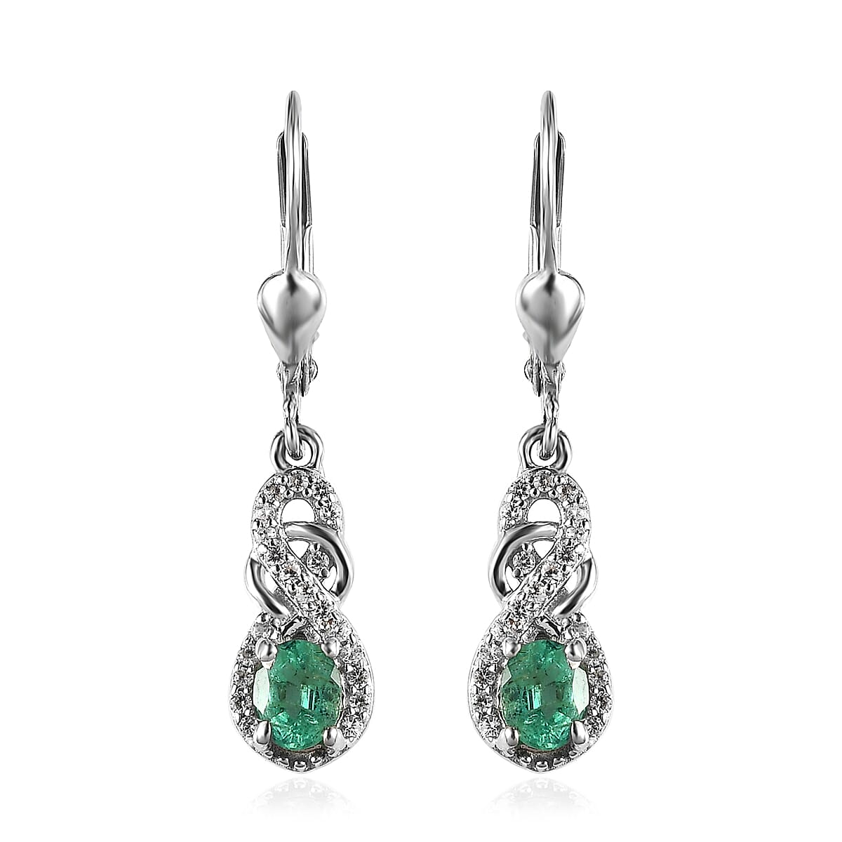 AAA Kagem Zambian Emerald and White Zircon Infinity Lever Back Earrings in Platinum Over Sterling Silver 1.25 ctw