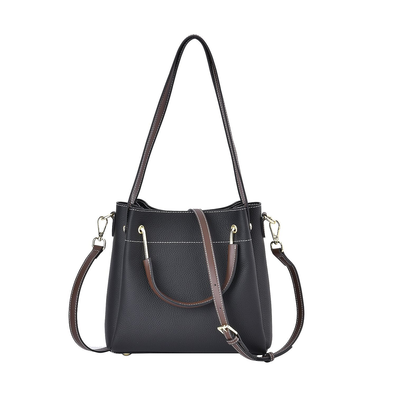 Black Color Genuine Leather Crossbody Bag (9.84"x4.7"x8.7") with Handle Drop and Shoulder Strap