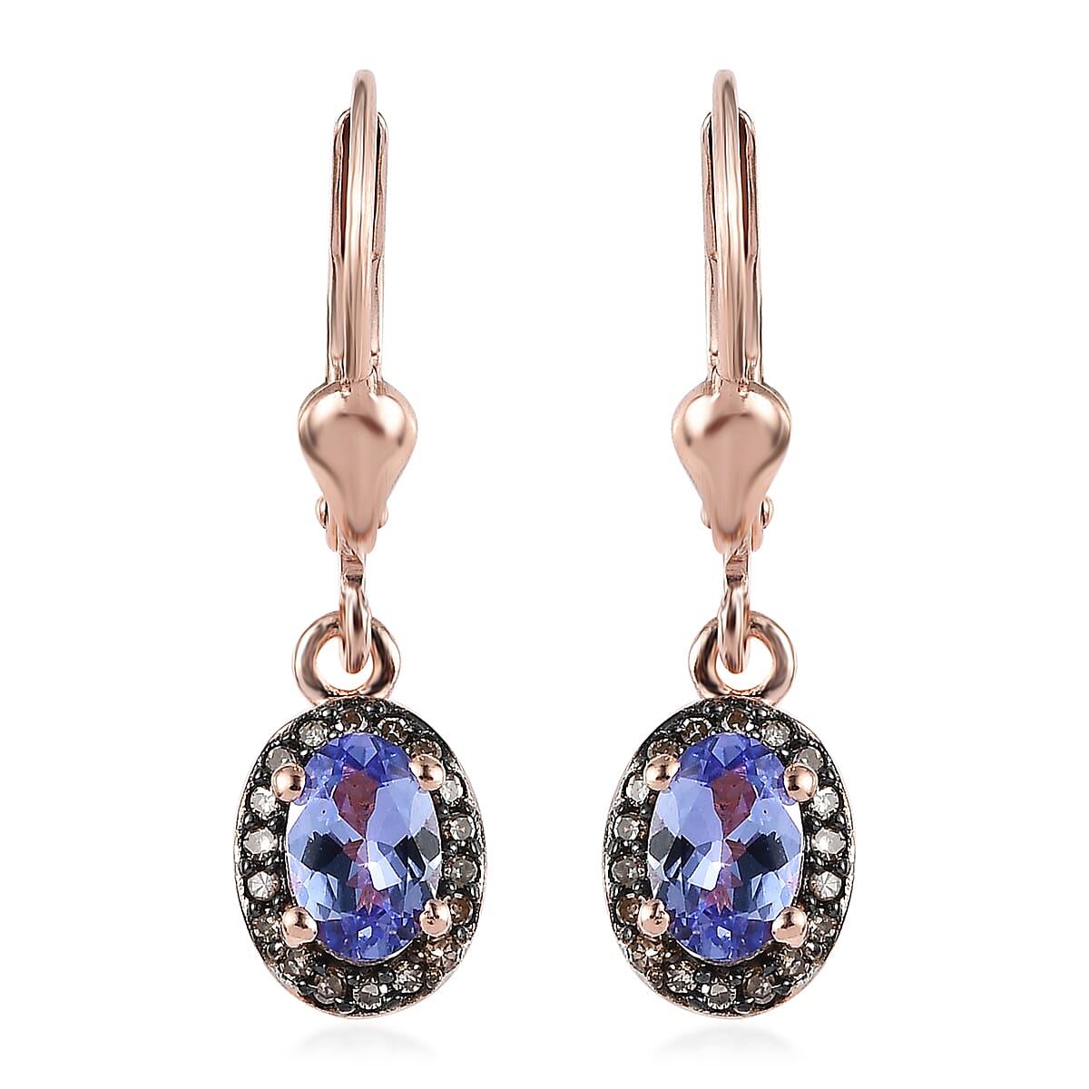 Tanzanite and Natural Champagne Diamond Lever Back Earrings in Vermeil Rose Gold Over Sterling Silver 1.00 ctw