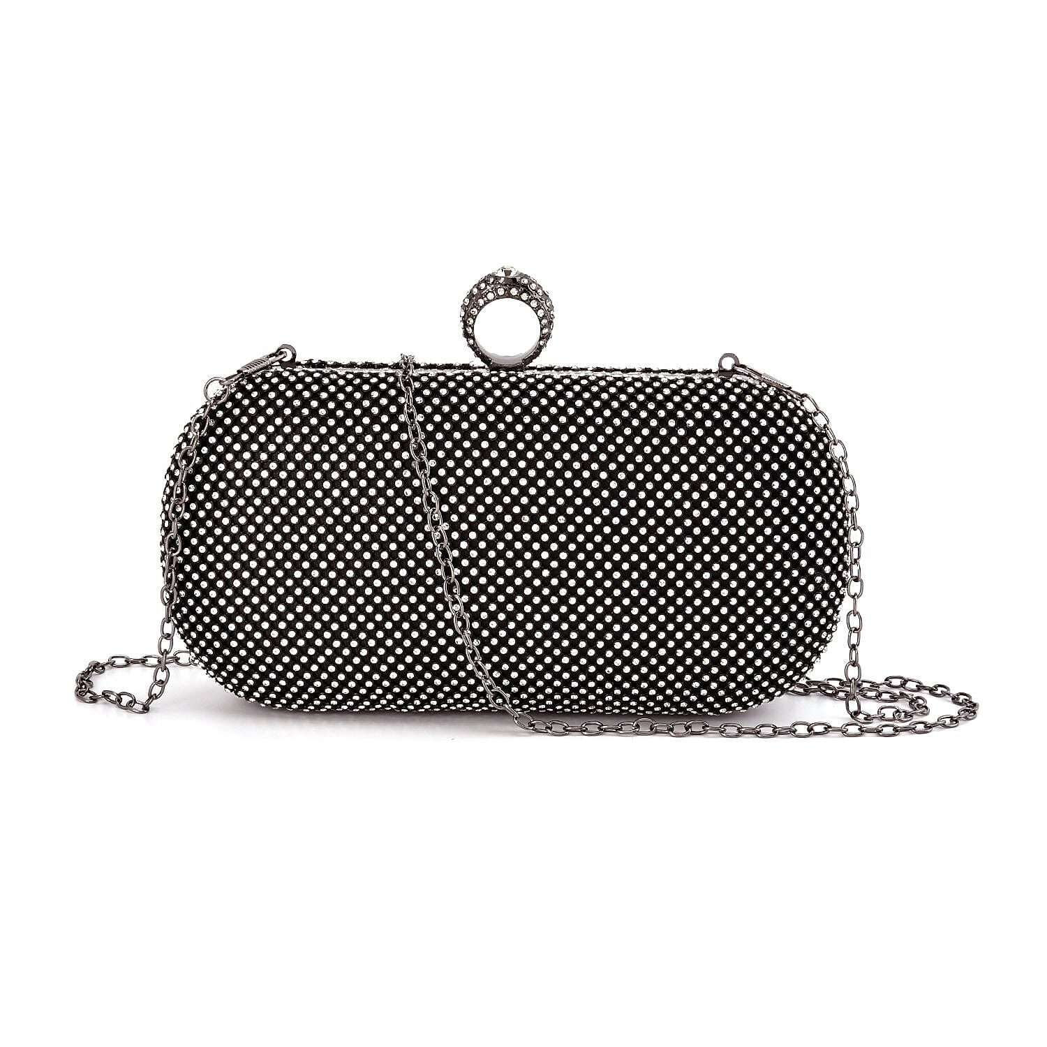 Black Color Sparkling Crystal Clutch Bag (5.51"x4.53") with Shoulder Strap (47")