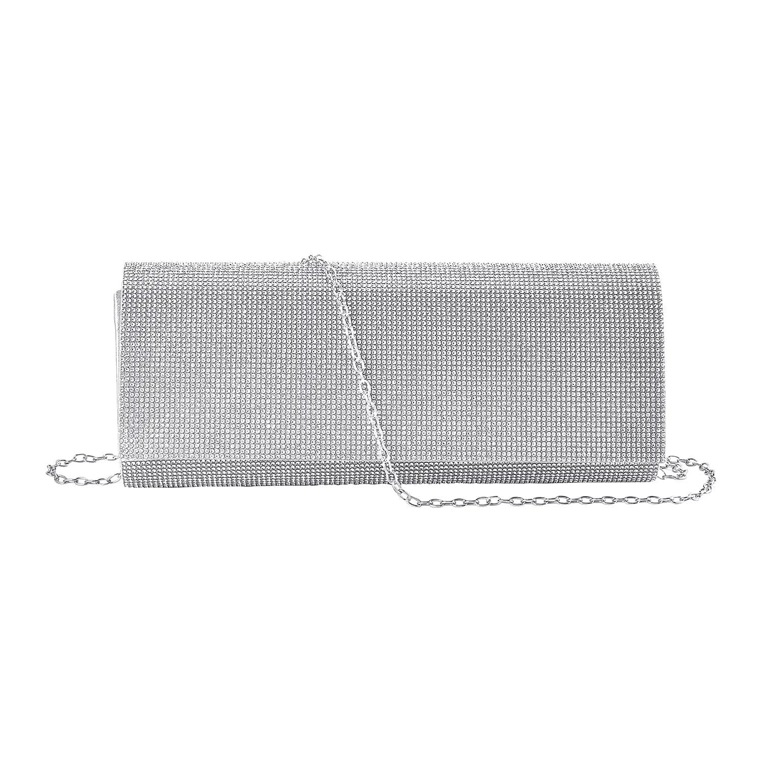 Silver Color Crystal Clutch Bag (10"x2.36"x4") with Shoulder Strap (47")