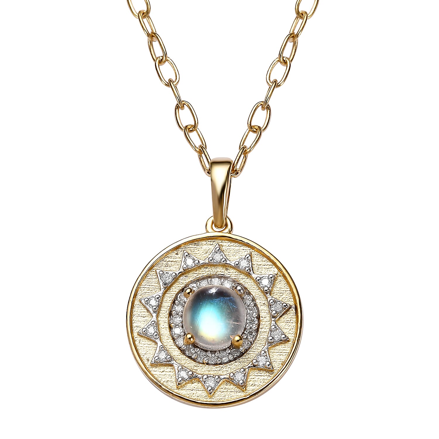 Premium Rainbow Moonstone and Moissanite Celestial Sun Coin Medallion Necklace 18 Inches in Vermeil Yellow Gold Over Sterling Silver 1.35 ctw