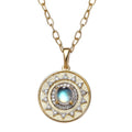 Premium Rainbow Moonstone and Moissanite Celestial Sun Coin Medallion Necklace 18 Inches in Vermeil Yellow Gold Over Sterling Silver 1.35 ctw - Sticky add to cart bar