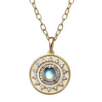 Premium Rainbow Moonstone and Moissanite Celestial Sun Coin Medallion Necklace 18 Inches in Vermeil Yellow Gold Over Sterling Silver 1.35 ctw