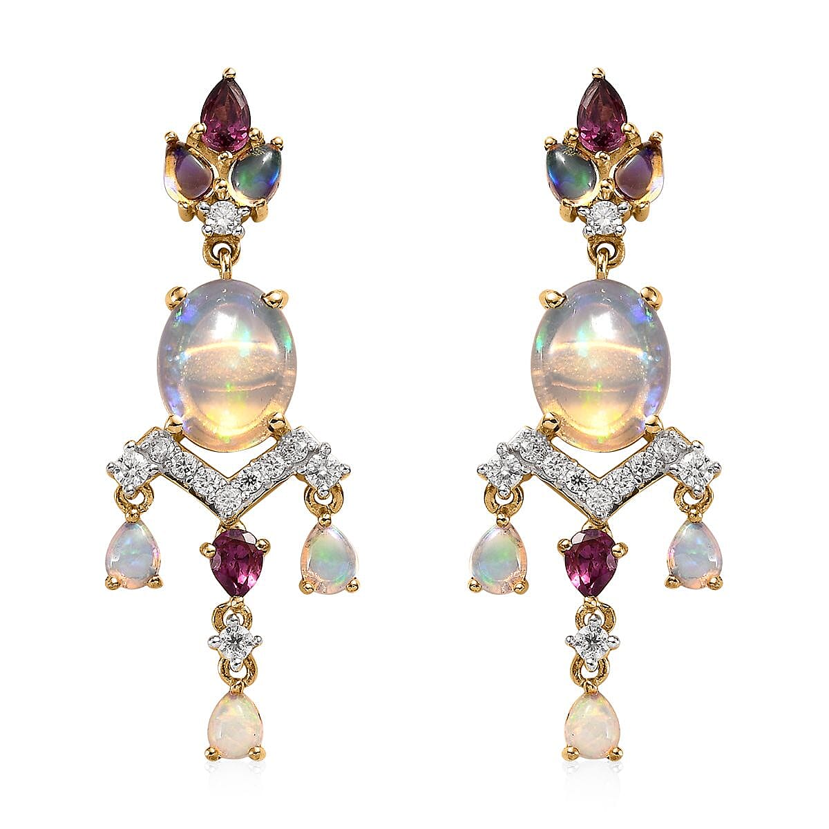 Ethiopian Welo Opal and Multi Gemstone Floral Chandelier Earrings in Vermeil Yellow Gold Over Sterling Silver 5.75 ctw